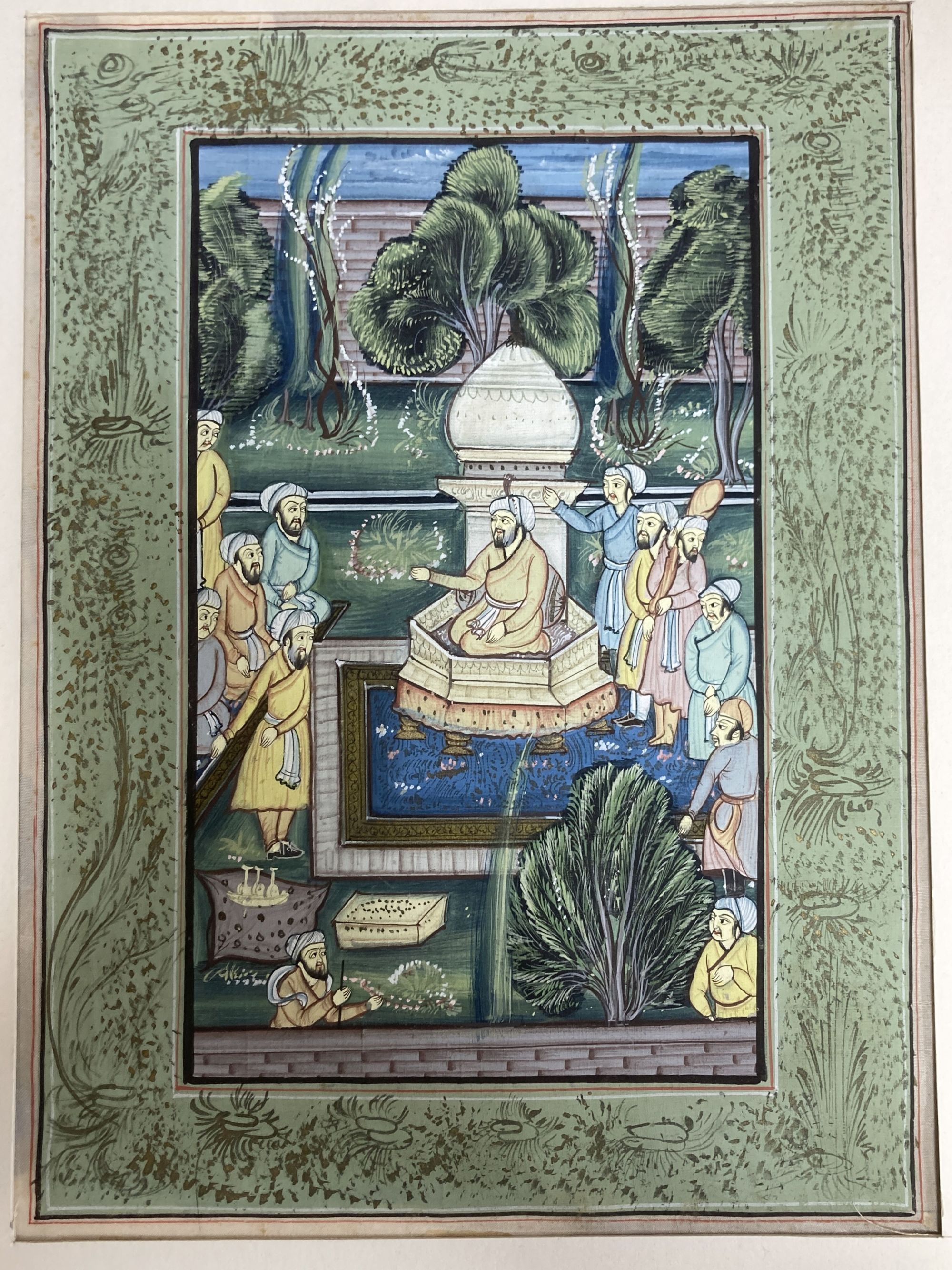 Persian School, 3 gouache on paper and silk, Hunting scenes and noblemen in a garden, largest 26 x 19cm, unframed